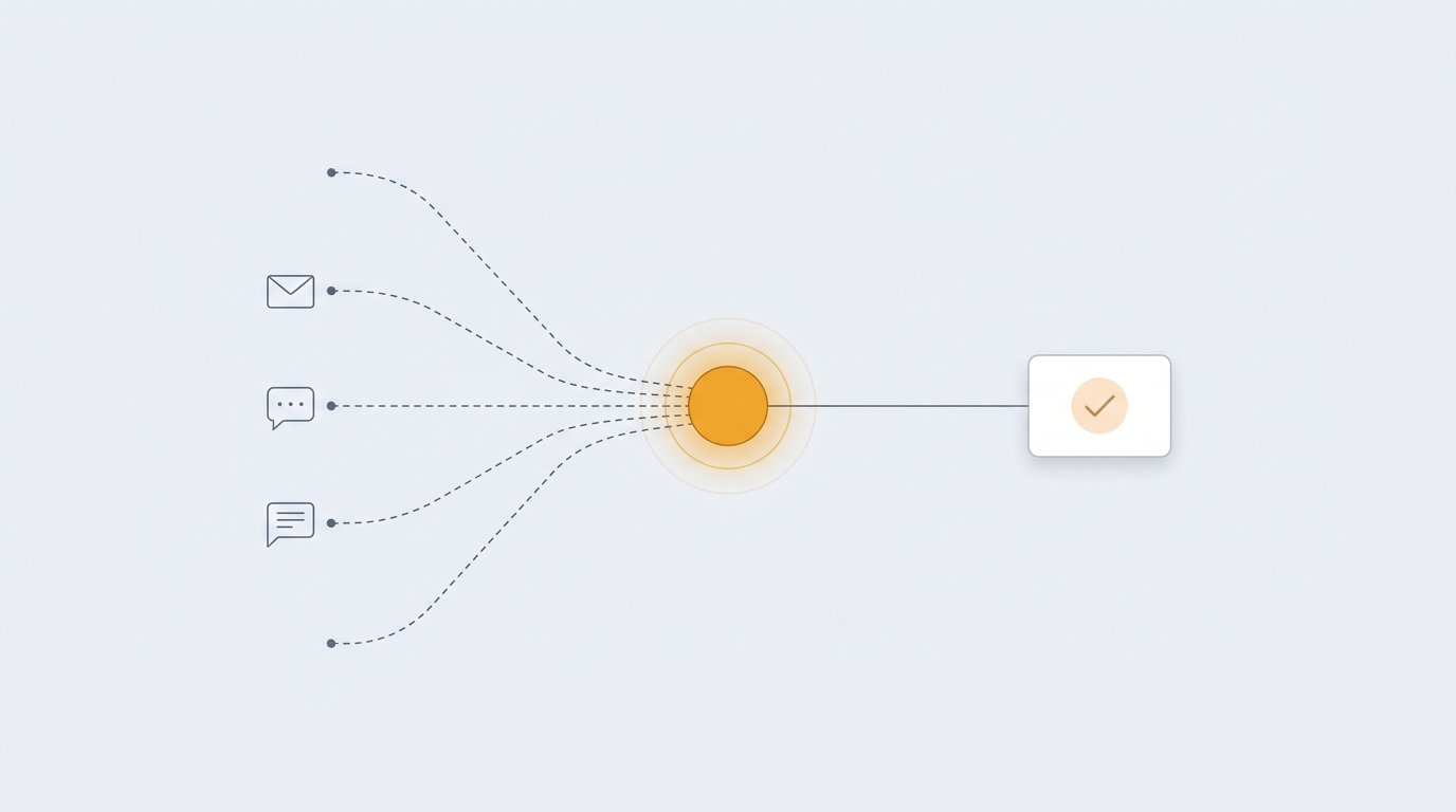 Every channel converges on one node. One line goes out: to a human, for approval.